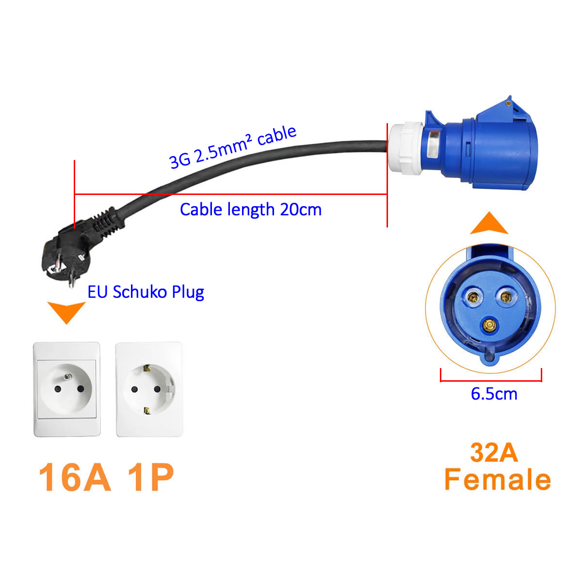 Ev Charger Adapter - 32A Blauer CEE-Buchse auf 16A EU-Schuko-Steckeradapter